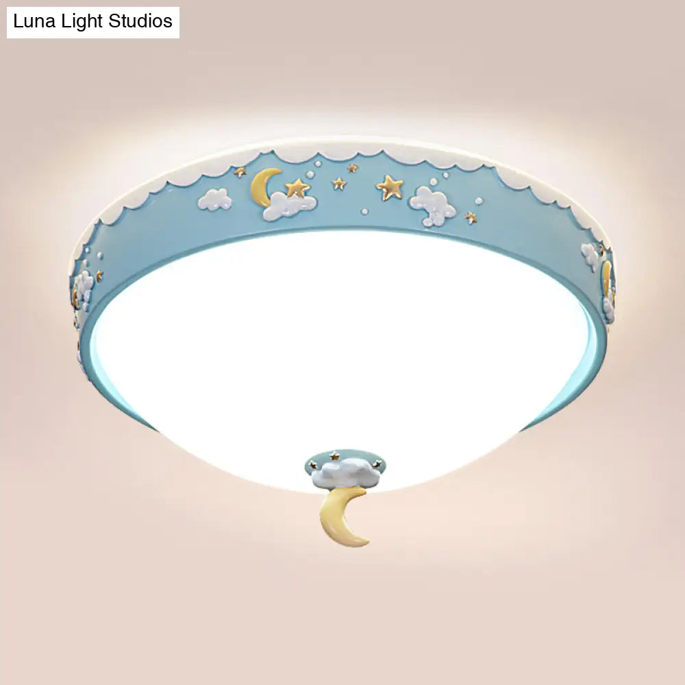 Contemporary Pink/Blue Cloud Pattern Led Ceiling Flush Mount With Moon And Star Design - Acrylic