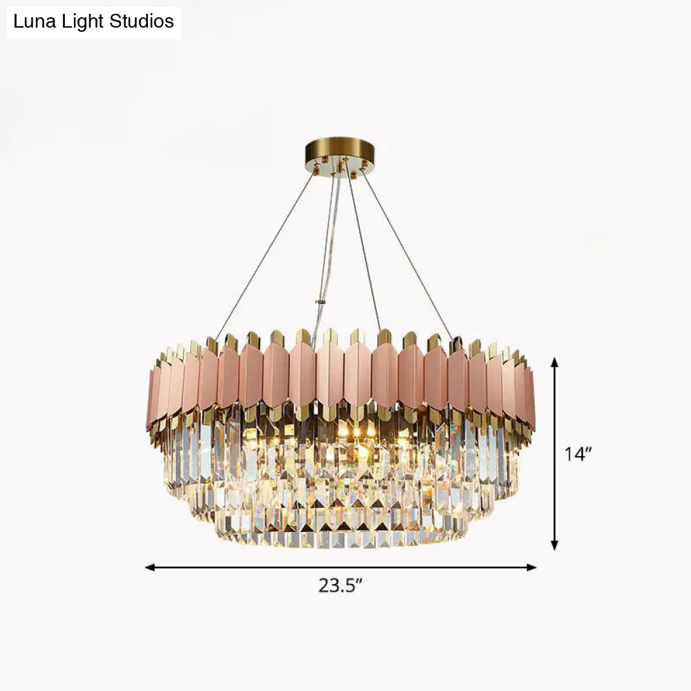 Contemporary Pink Crystal Chandelier Pendant Light - Tiered & Prismatic Design Ideal For Living Room