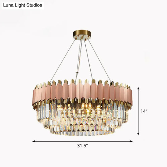 Contemporary Pink Crystal Chandelier Pendant Light - Tiered & Prismatic Design Ideal For Living Room