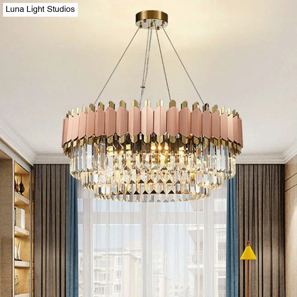 Contemporary Pink Crystal Chandelier Pendant Light - Tiered & Prismatic Design Ideal For Living Room