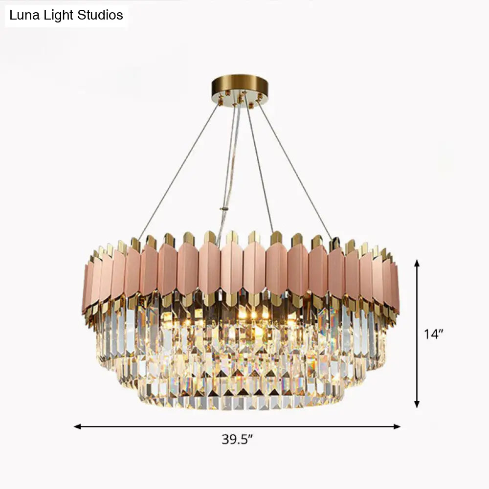 Contemporary Pink Crystal Chandelier Pendant Light - Tiered & Prismatic Design Ideal For Living Room