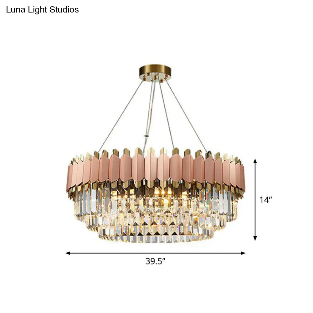 Contemporary Pink Crystal Chandelier Pendant Light - Tiered & Prismatic Design Ideal For Living Room