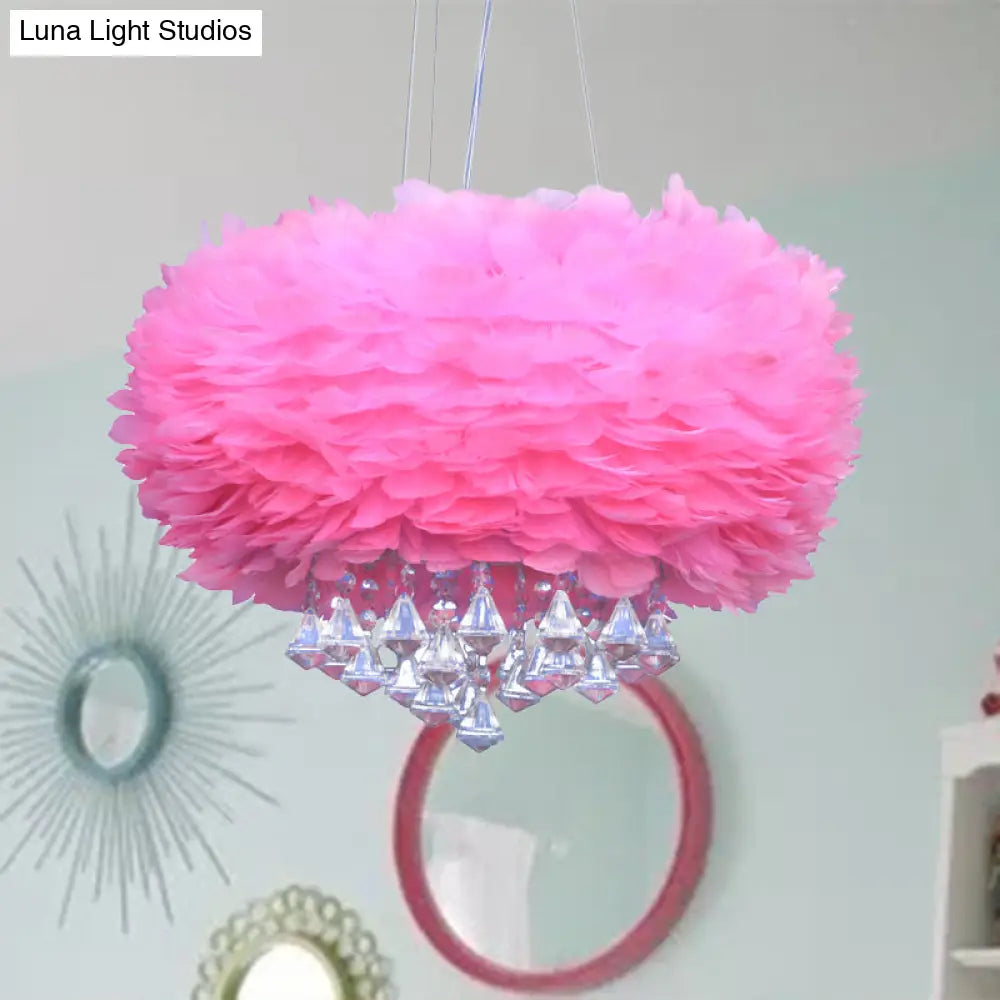 Contemporary Pink Feather Chandelier With Crystal Draping - 3 Light Pendant Lamp