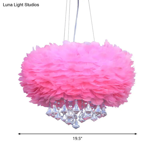 Contemporary Pink Feather Chandelier With Crystal Draping - 3 Light Pendant Lamp