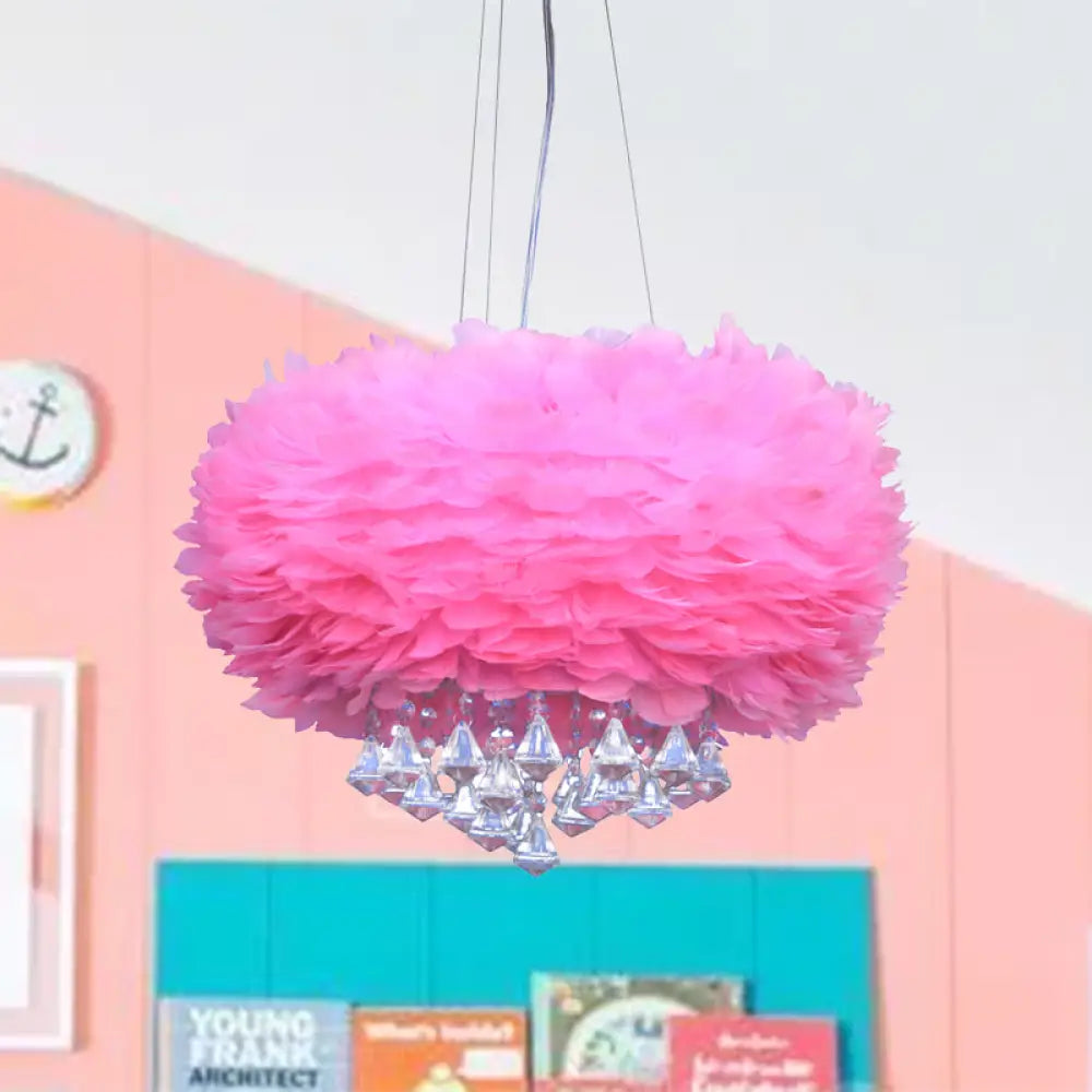 Contemporary Pink Feather Chandelier With Crystal Draping - 3 Light Pendant Lamp