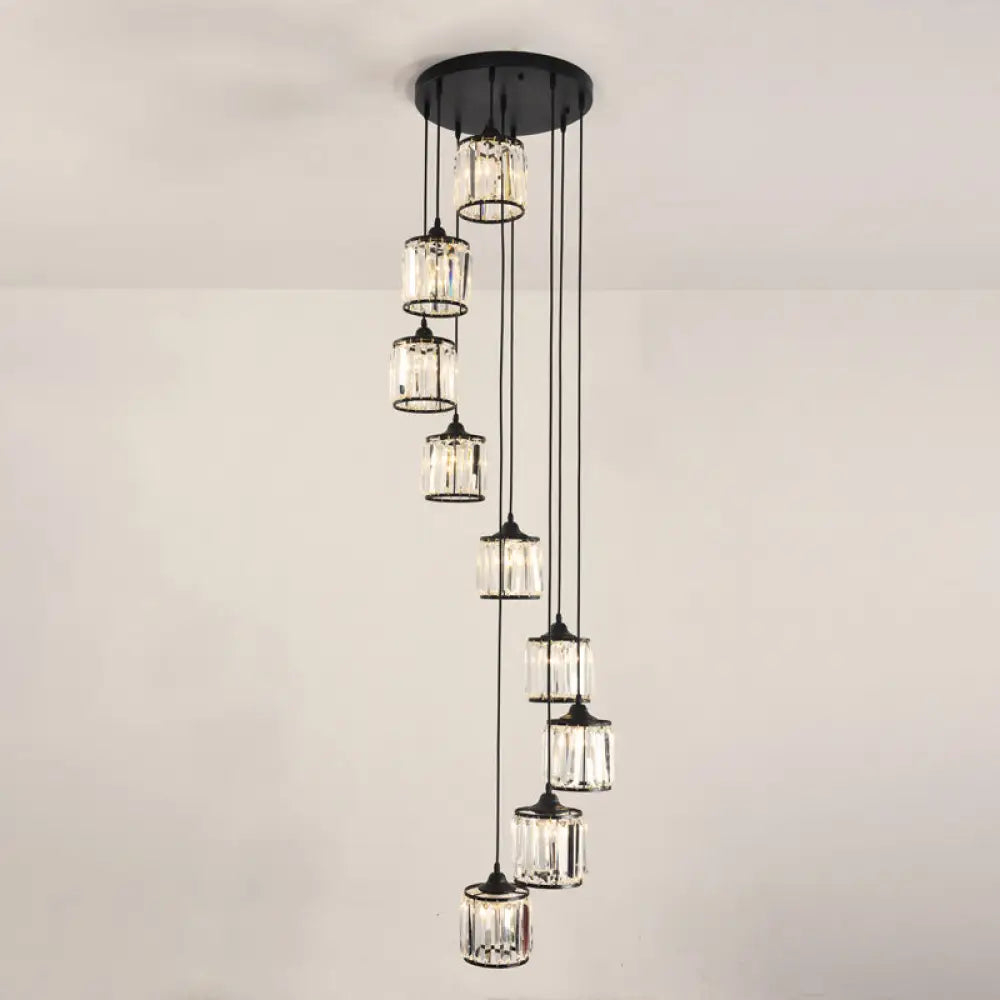 Contemporary Prismatic Crystal Cluster Pendant Light For Stairs 9 / Black