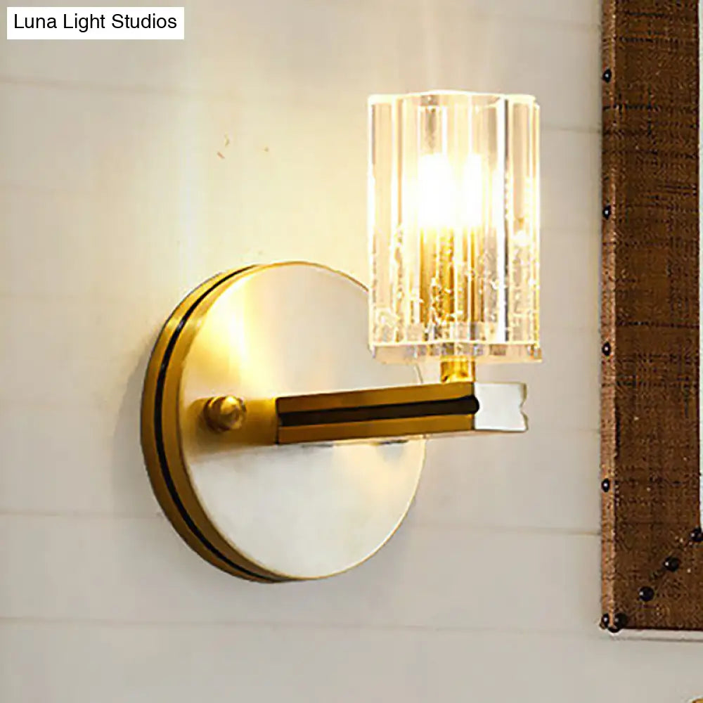 Contemporary Prismatic Crystal Cylinder Sconce Light - Brass Wall Mount