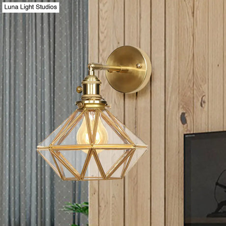 Contemporary Prismatic Glass Wall Sconce With Geometric Design - Brass Mount Light Fixture