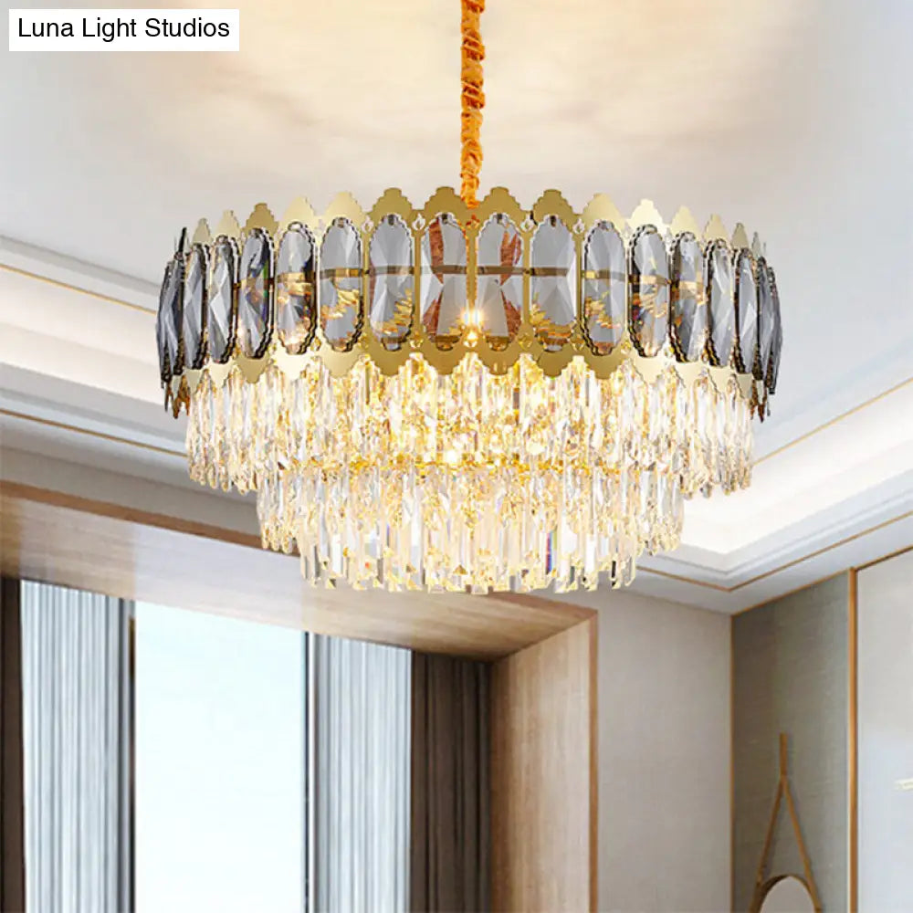 Contemporary Silver Drum Chandelier Light With Crystal Prismatic Design - 6 Heads