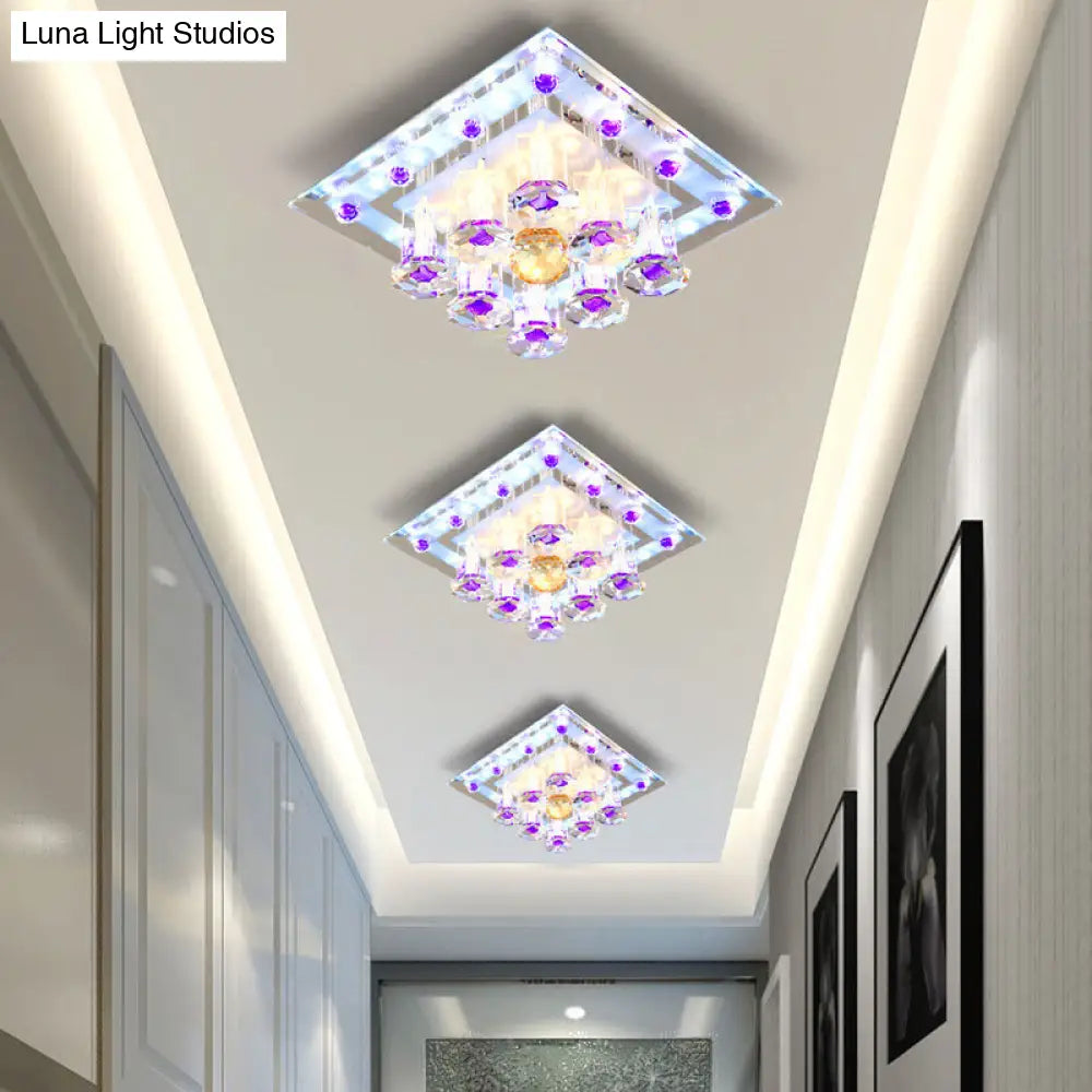 Contemporary Purple Crystal Ceiling Light - 7/9.5 Flush Mount Led For Corridor In Warm/White / 7