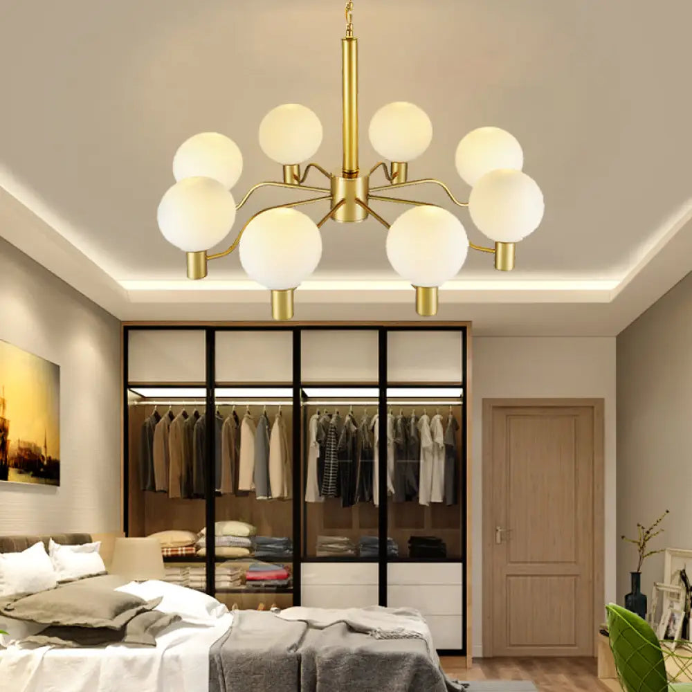 Contemporary Radial White Glass Chandelier With Gold Finish - Stunning Ball Shade Hanging Light