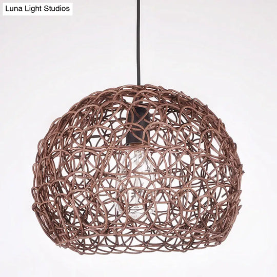 Contemporary Rattan Dome Pendant Light - Single-Bulb Restaurant Suspension Fixture