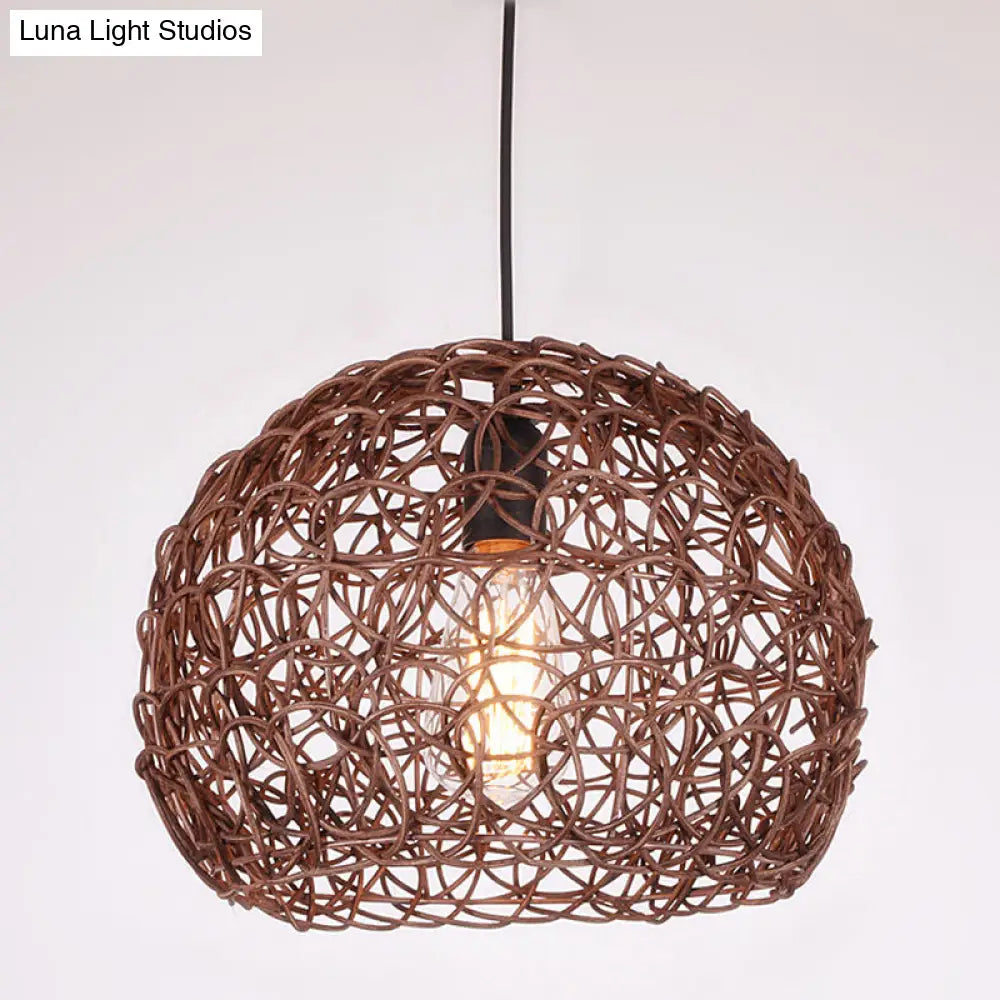 Contemporary Rattan Dome Pendant Light - Single-Bulb Restaurant Suspension Fixture