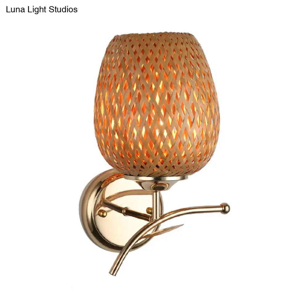 Contemporary Rattan Dome Shade Sconce Wall Lamp In Beige