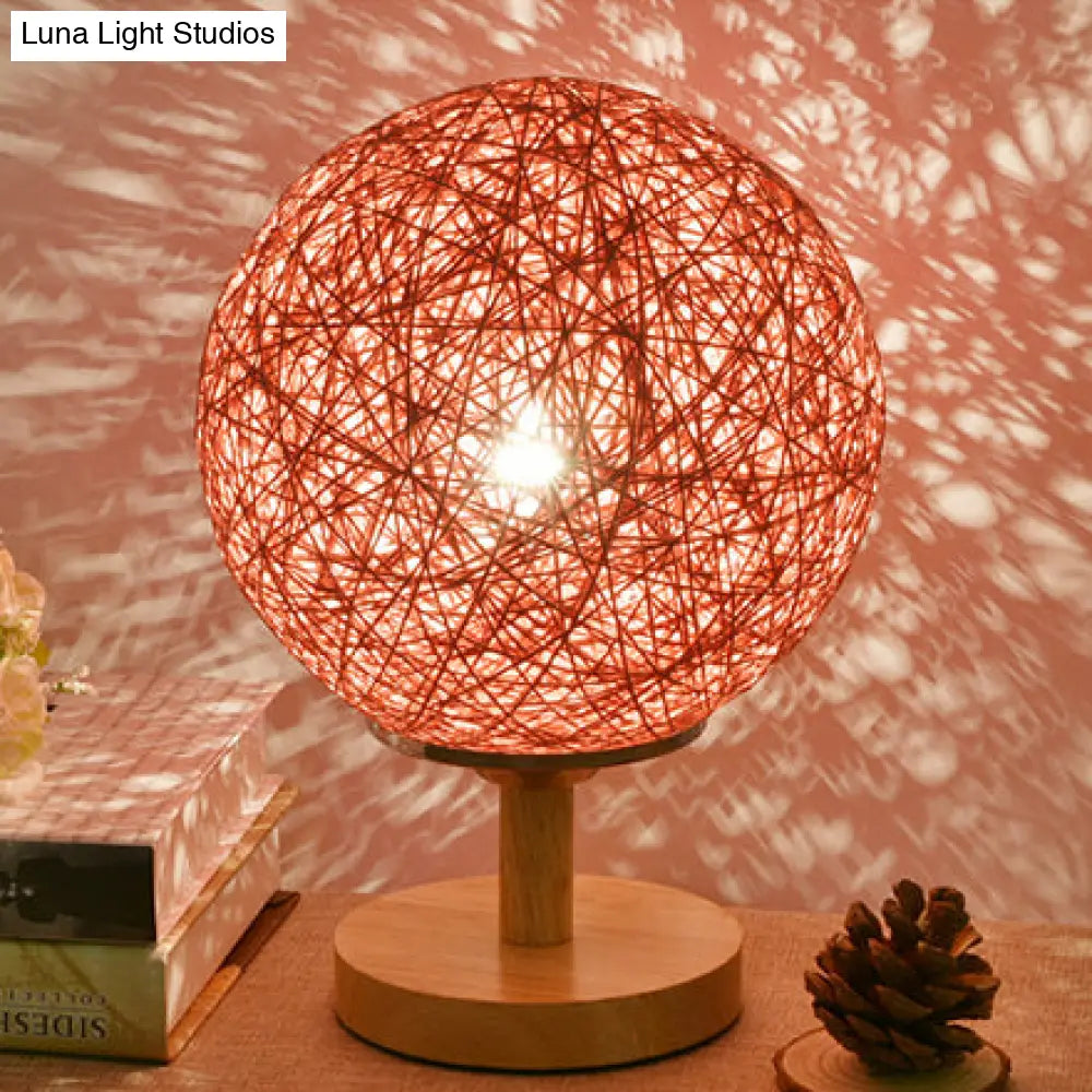 Contemporary Rattan Hand-Woven Table Lamp - 6/7 W 1 Bulb White/Red Global Shade Wooden Base