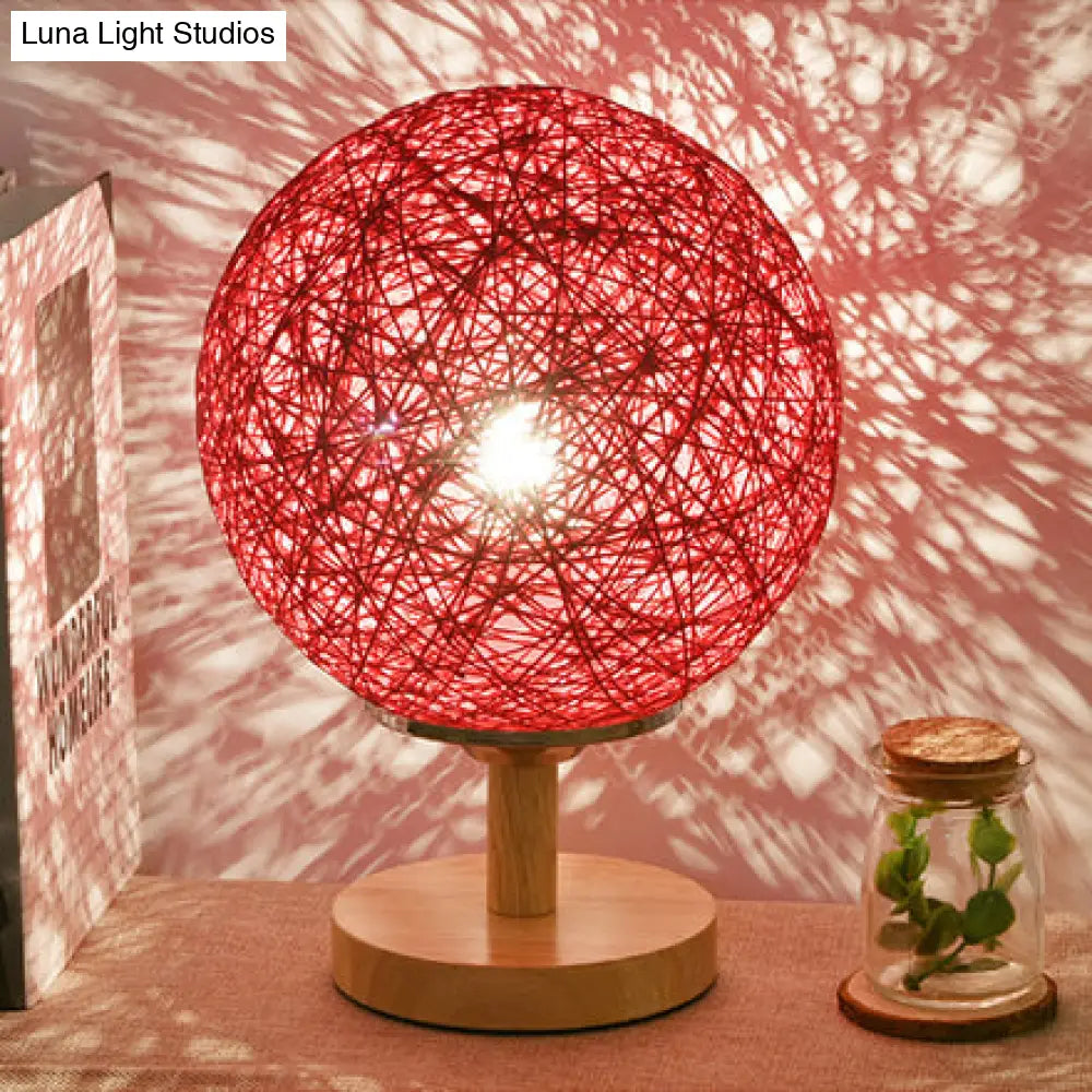 Contemporary Rattan Hand-Woven Table Lamp - 6/7 W 1 Bulb White/Red Global Shade Wooden Base