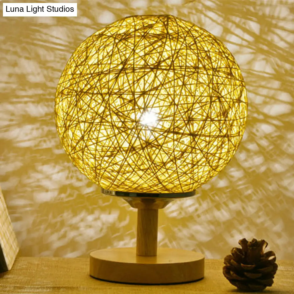 Contemporary Rattan Hand-Woven Table Lamp - 6/7 W 1 Bulb White/Red Global Shade Wooden Base