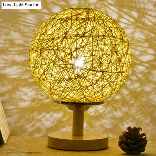 Contemporary Rattan Hand-Woven Table Lamp - 6/7 W 1 Bulb White/Red Global Shade Wooden Base