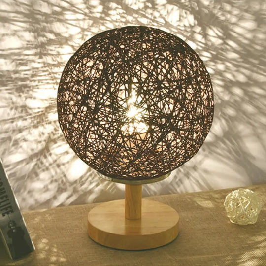 Contemporary Rattan Hand-Woven Table Lamp - 6/7 W 1 Bulb White/Red Global Shade Wooden Base Brown /