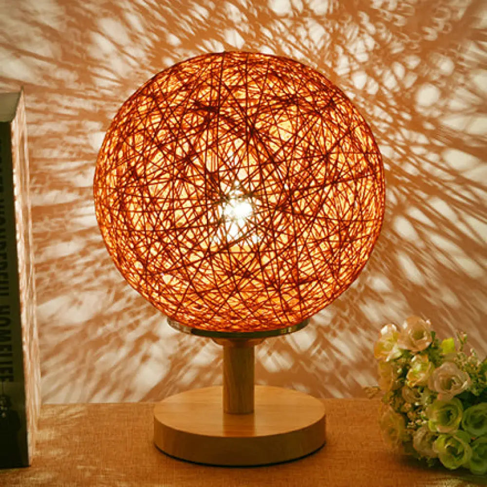 Contemporary Rattan Hand-Woven Table Lamp - 6/7 W 1 Bulb White/Red Global Shade Wooden Base Orange /