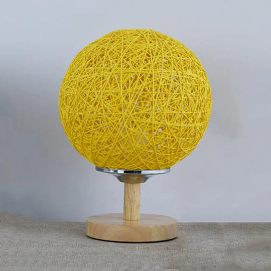 Contemporary Rattan Hand-Woven Table Lamp - 6/7 W 1 Bulb White/Red Global Shade Wooden Base Yellow /