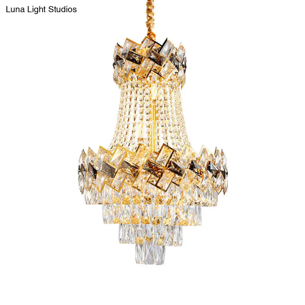 Contemporary Gold Chandelier: Layered Hanging Pendant Light With Rectangle-Cut Crystal - 3/5-Bulb