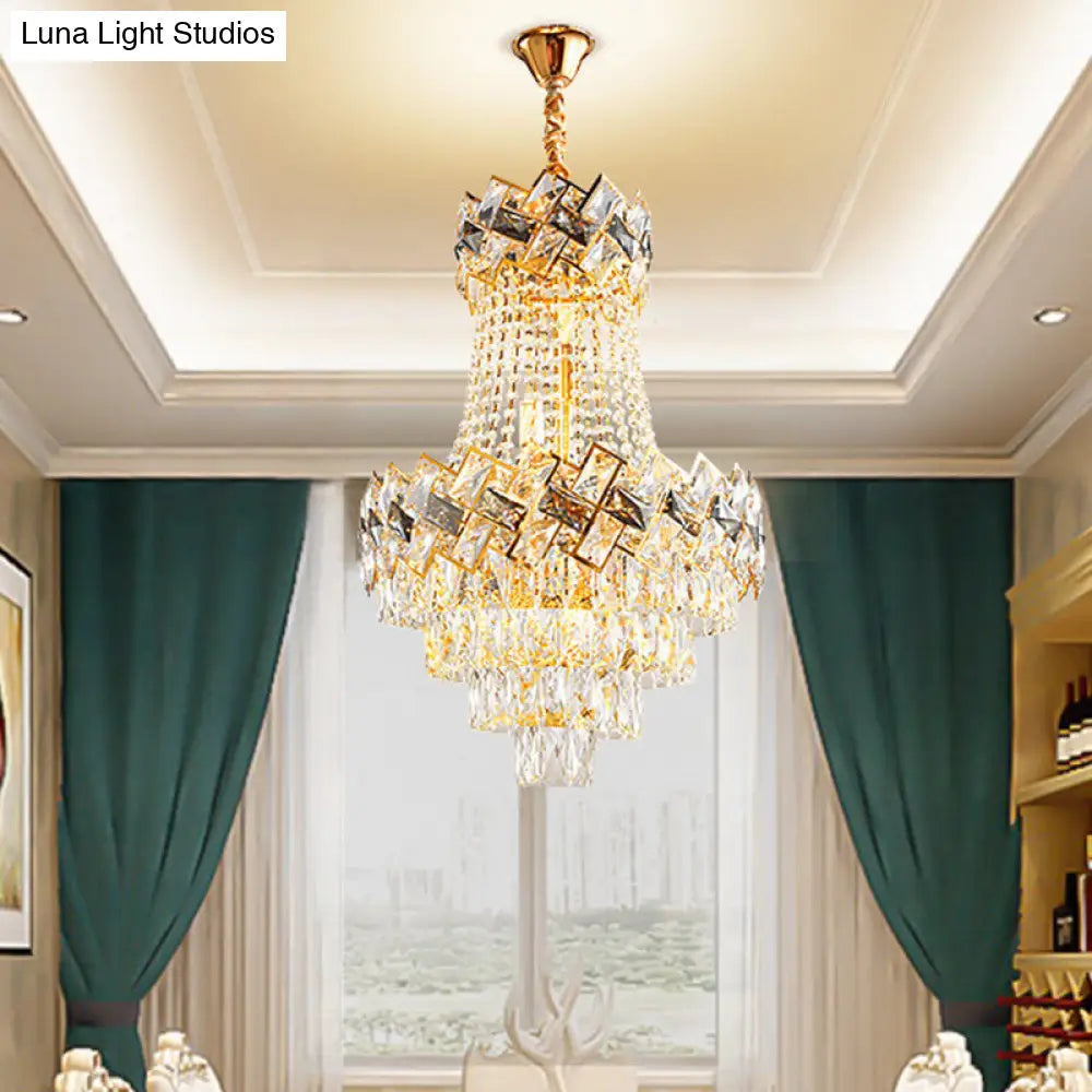 Contemporary Gold Chandelier: Layered Hanging Pendant Light With Rectangle-Cut Crystal - 3/5-Bulb