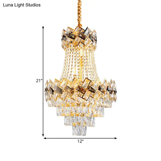 Contemporary Gold Chandelier: Layered Hanging Pendant Light With Rectangle-Cut Crystal - 3/5-Bulb