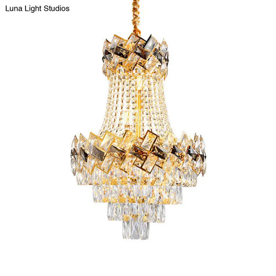 Contemporary Rectangle-Cut Crystal Hanging Pendant Light - 3/5-Bulb Gold Chandelier 12’/16’ Wide