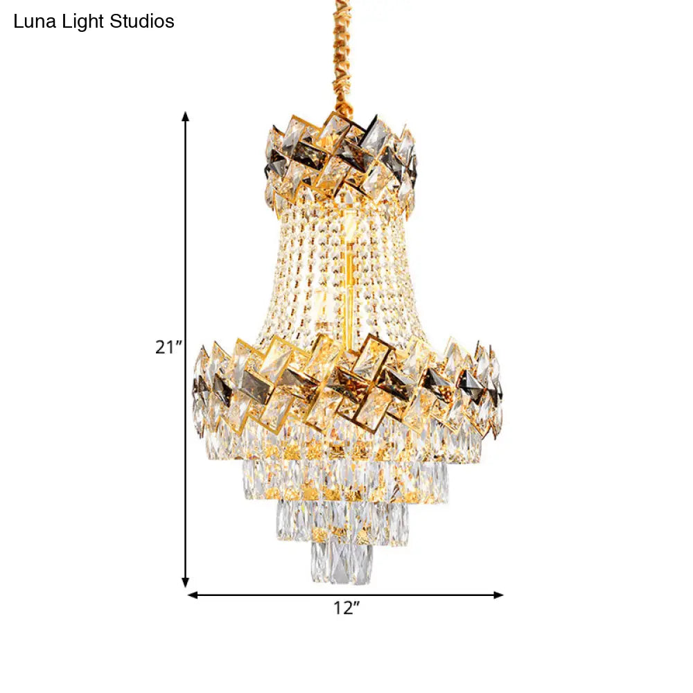 Contemporary Rectangle-Cut Crystal Hanging Pendant Light - 3/5-Bulb Gold Chandelier 12’/16’ Wide