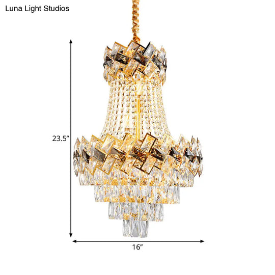 Contemporary Gold Chandelier: Layered Hanging Pendant Light With Rectangle-Cut Crystal - 3/5-Bulb