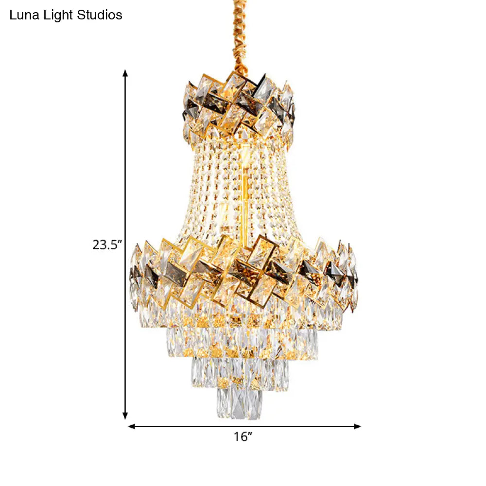 Contemporary Rectangle-Cut Crystal Hanging Pendant Light - 3/5-Bulb Gold Chandelier 12’/16’ Wide