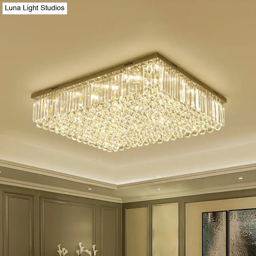 Contemporary Rectangle Led Flush Ceiling Light With Clear Crystal - Perfect For Living Room