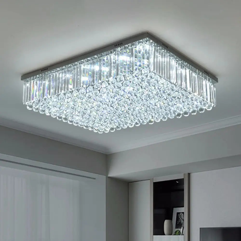 Contemporary Rectangle Led Flush Ceiling Light With Clear Crystal - Perfect For Living Room