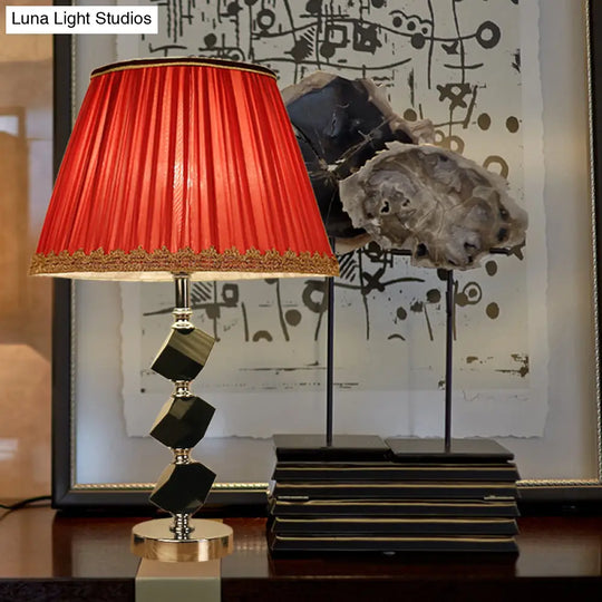 Contemporary Red/Green Barrel Table Lamp With Beveled Crystal Nightstand Light And Braided Trim