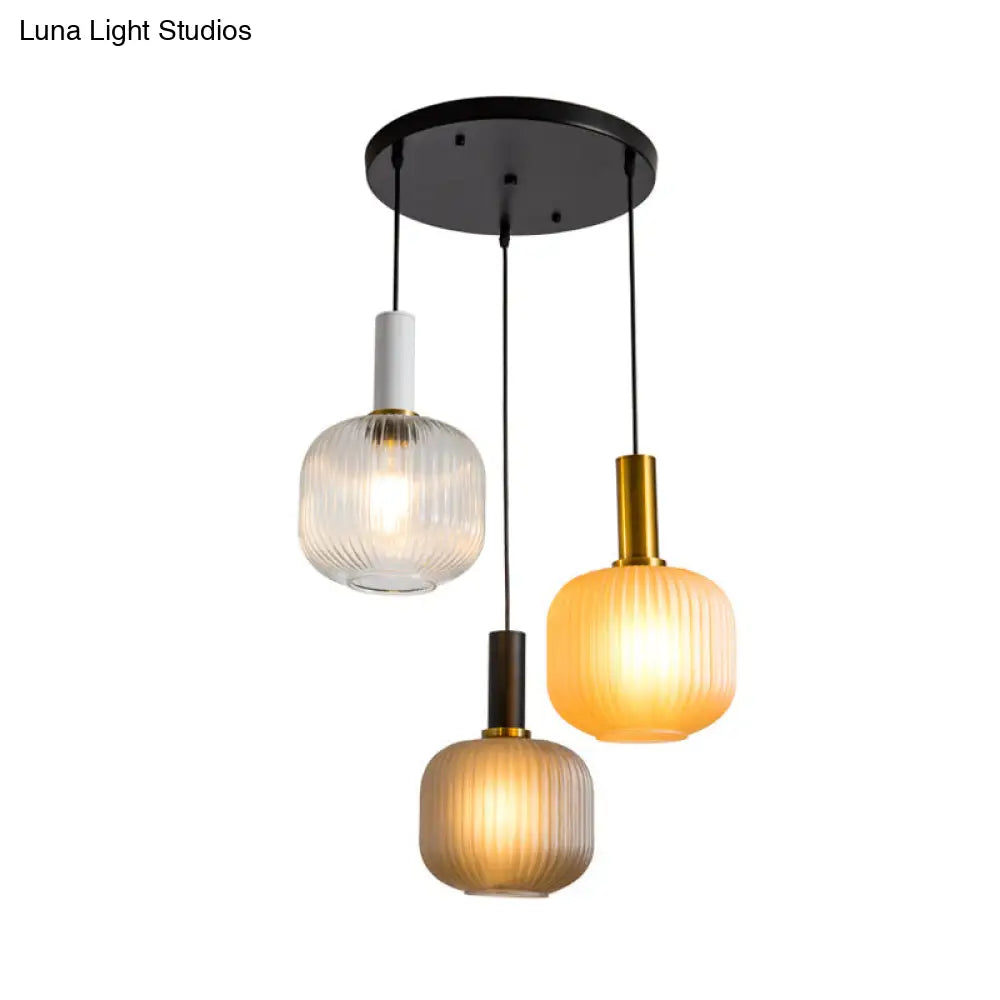 Contemporary Ribbed Glass Cluster Jar Pendant With Gold Suspended Lighting Fixture - 3 Lights