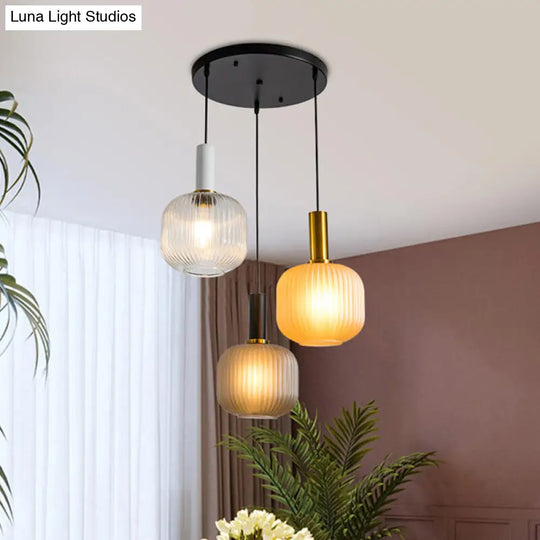 Contemporary Ribbed Glass Cluster Jar Pendant With Gold Suspended Lighting Fixture - 3 Lights Black