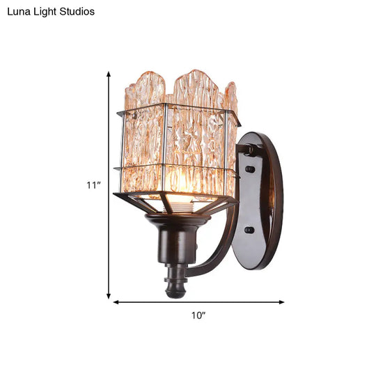 Contemporary Rippled Glass Wall Light Fixture With Metal Cage - Black Finish Flush Mount Sconce