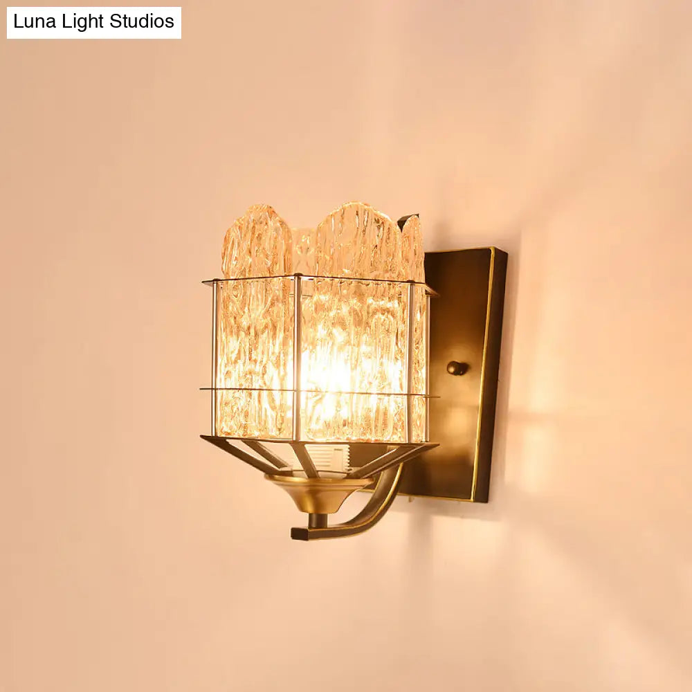 Contemporary Rippled Glass Wall Light Fixture With Metal Cage - Black Finish Flush Mount Sconce