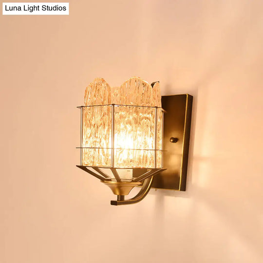 Contemporary Rippled Glass Wall Light Fixture With Metal Cage - Black Finish Flush Mount Sconce