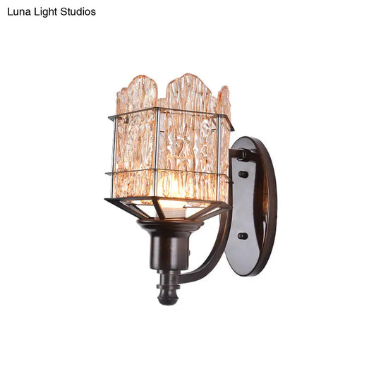 Contemporary Rippled Glass Wall Light Fixture With Metal Cage - Black Finish Flush Mount Sconce