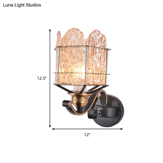 Contemporary Rippled Glass Wall Light Fixture With Metal Cage - Black Finish Flush Mount Sconce