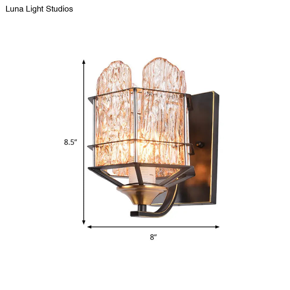 Contemporary Rippled Glass Wall Light Fixture With Metal Cage - Black Finish Flush Mount Sconce