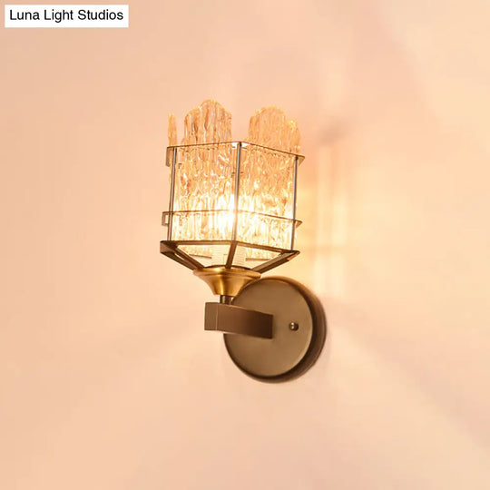 Contemporary Rippled Glass Wall Light Fixture With Metal Cage - Black Finish Flush Mount Sconce