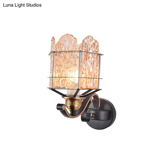 Contemporary Rippled Glass Wall Light Fixture With Metal Cage - Black Finish Flush Mount Sconce