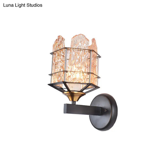 Contemporary Rippled Glass Wall Light Fixture With Metal Cage - Black Finish Flush Mount Sconce