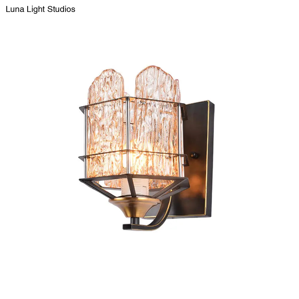 Contemporary Rippled Glass Wall Light Fixture With Metal Cage - Black Finish Flush Mount Sconce