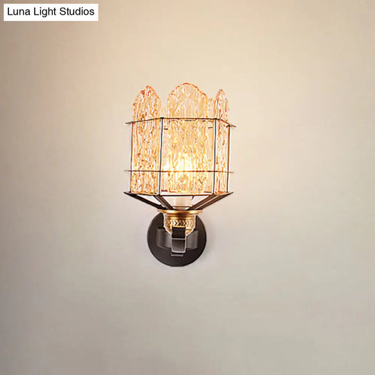 Contemporary Rippled Glass Wall Light Fixture With Metal Cage - Black Finish Flush Mount Sconce