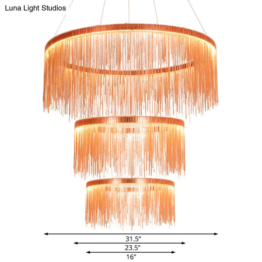 Contemporary Rose Gold Ceiling Lamp With Multi-Tiered Tassel Design - 1/2/3 Heads Chandelier Light