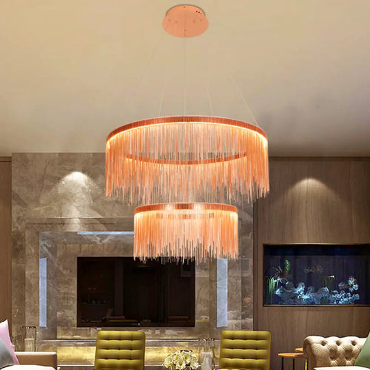 Contemporary Rose Gold Ceiling Lamp With Multi-Tiered Tassel Design - 1/2/3 Heads Chandelier Light